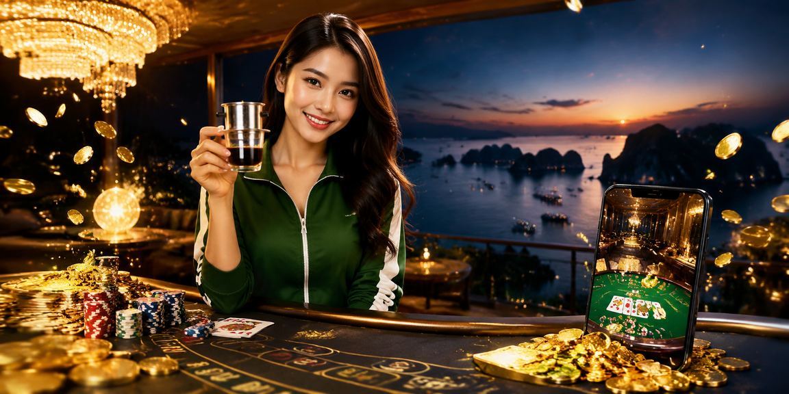 Khung cảnh vịnh Hạ Long với người chơi baccarat trên thiết bị di động bên ly cà phê Việt