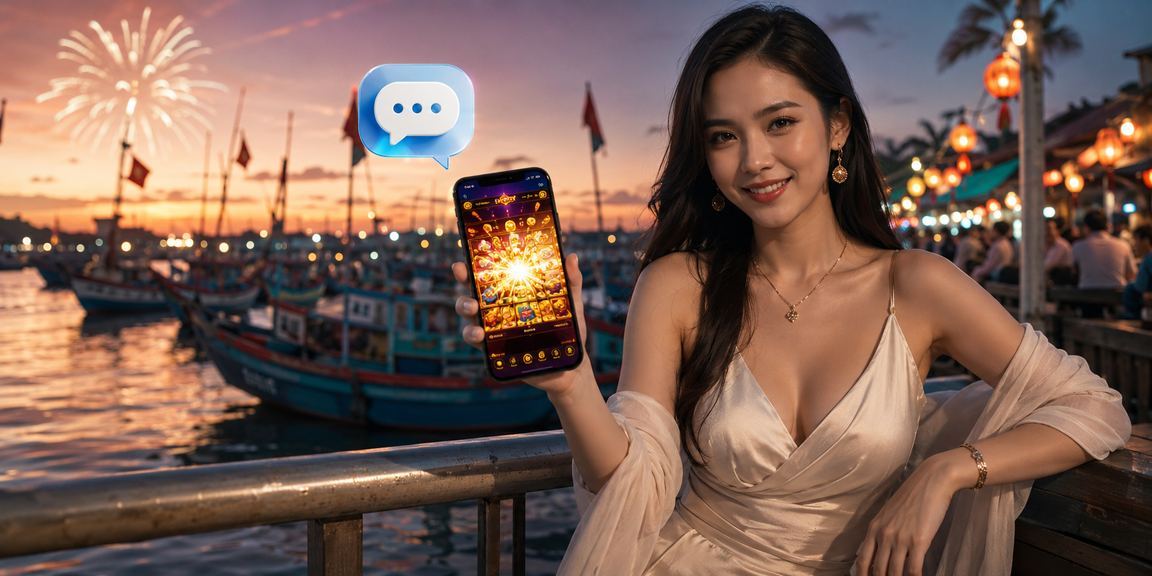 Người chơi tại Mũi Né trải nghiệm slot game Jackpot vn69 bên bờ biển buổi tối
